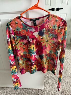 Forever 21 Floral Mesh Long-Sleeve Top - Pink, Orange, Green, Yellow